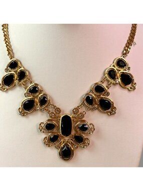 NY Black & Clear Rhinestone Goldtone Necklace Vintage-Inspired Statement Jewelry